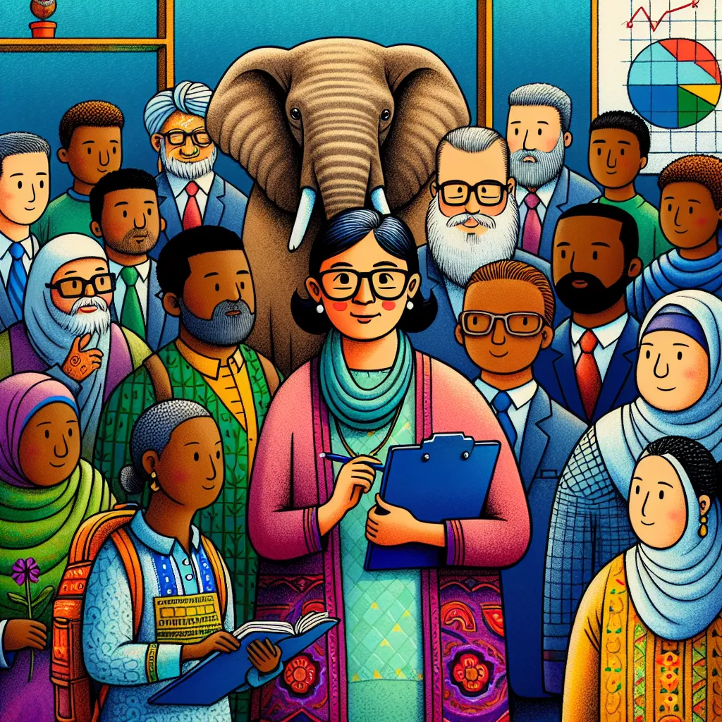Cartoon illustrating a teacher surrounded by elephant-sized students, symbolizing the challenge of assessing diverse needs and abilities in the classroom.