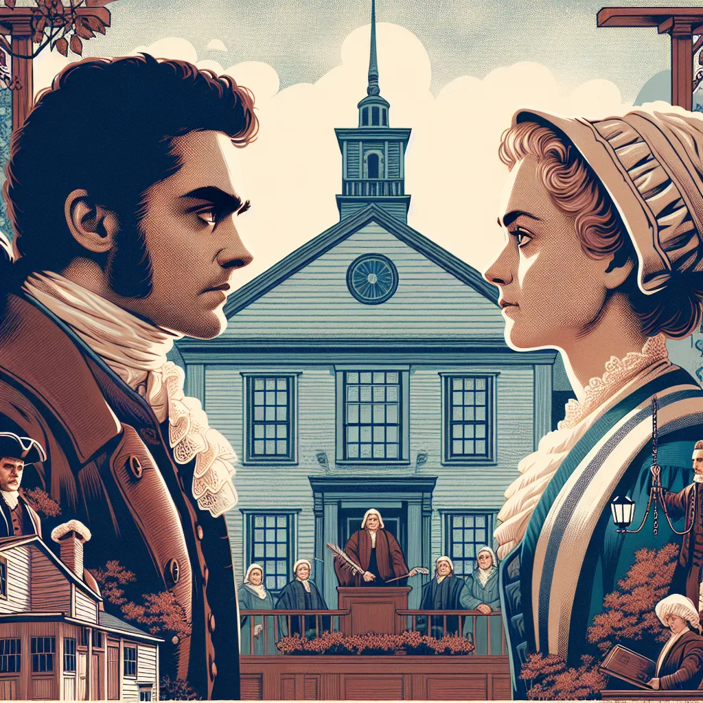 Illustration of two characters in historical attire facing each other in a tense confrontation, set against a backdrop of a New England village, hinting at a court scene in the background.