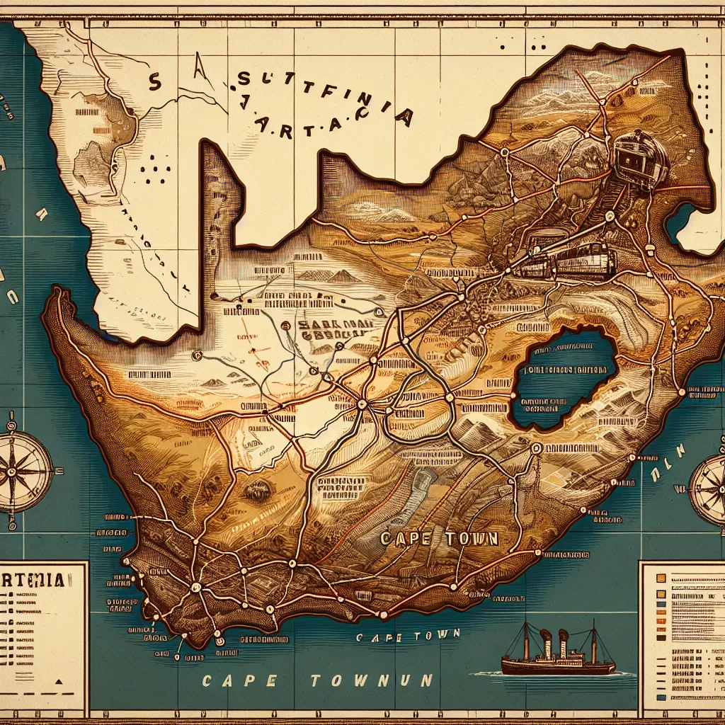 Illustration of a map of South Africa highlighting its three capital cities: Pretoria, Cape Town, and Bloemfontein.