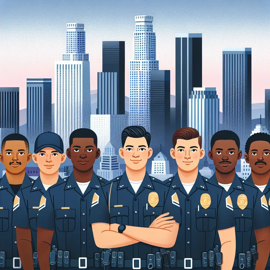 Illustration of a diverse group of police officers in uniform, standing together in front of the iconic Los Angeles skyline, with a sense of teamwork and dedication to community service.