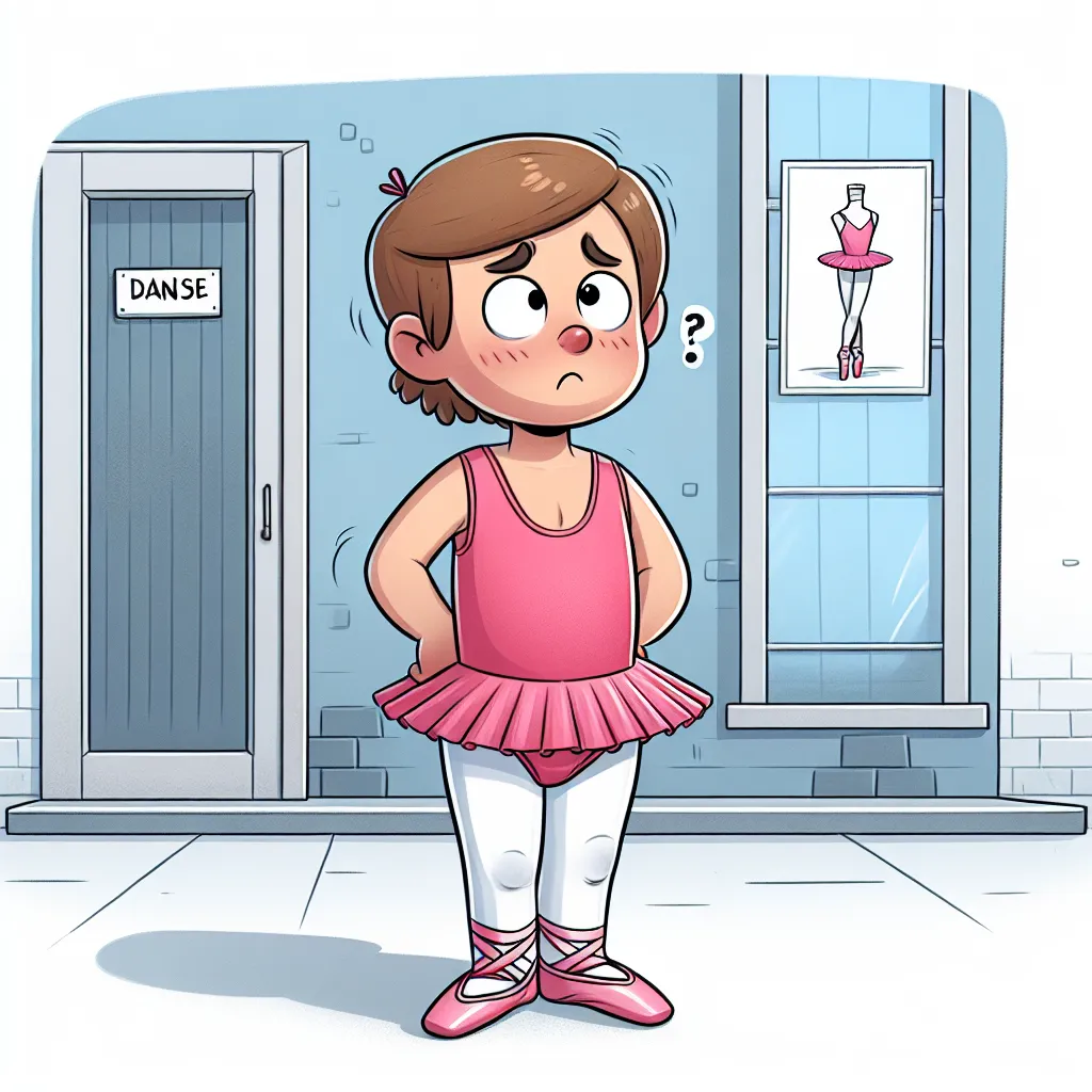 Humorous illustration of a young boy reluctantly wearing a pink ballet leotard with a skirt, white tights, and ballet slippers, standing outside a ballet studio looking unsure.