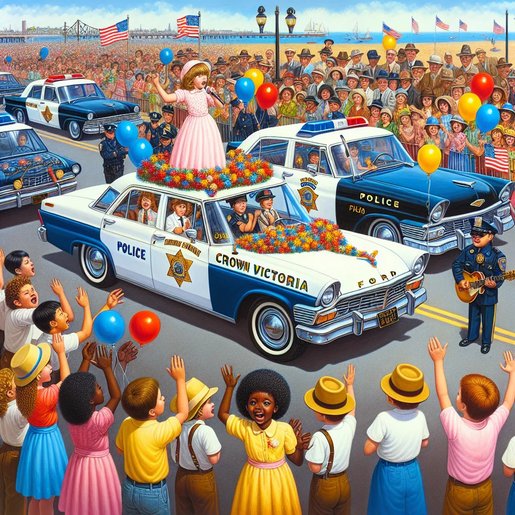 A vibrant scene of a festive parade featuring various Ford Crown Victoria police cars, adorned with balloons and banners celebrating "Crown Victoria Day." Children cheer as a girl sings on stage, surrounded by fellow performers, all expressing their love for the classic police vehicle. In the background, families wave and enjoy the nostalgic display of the beloved Crown Victoria cars.