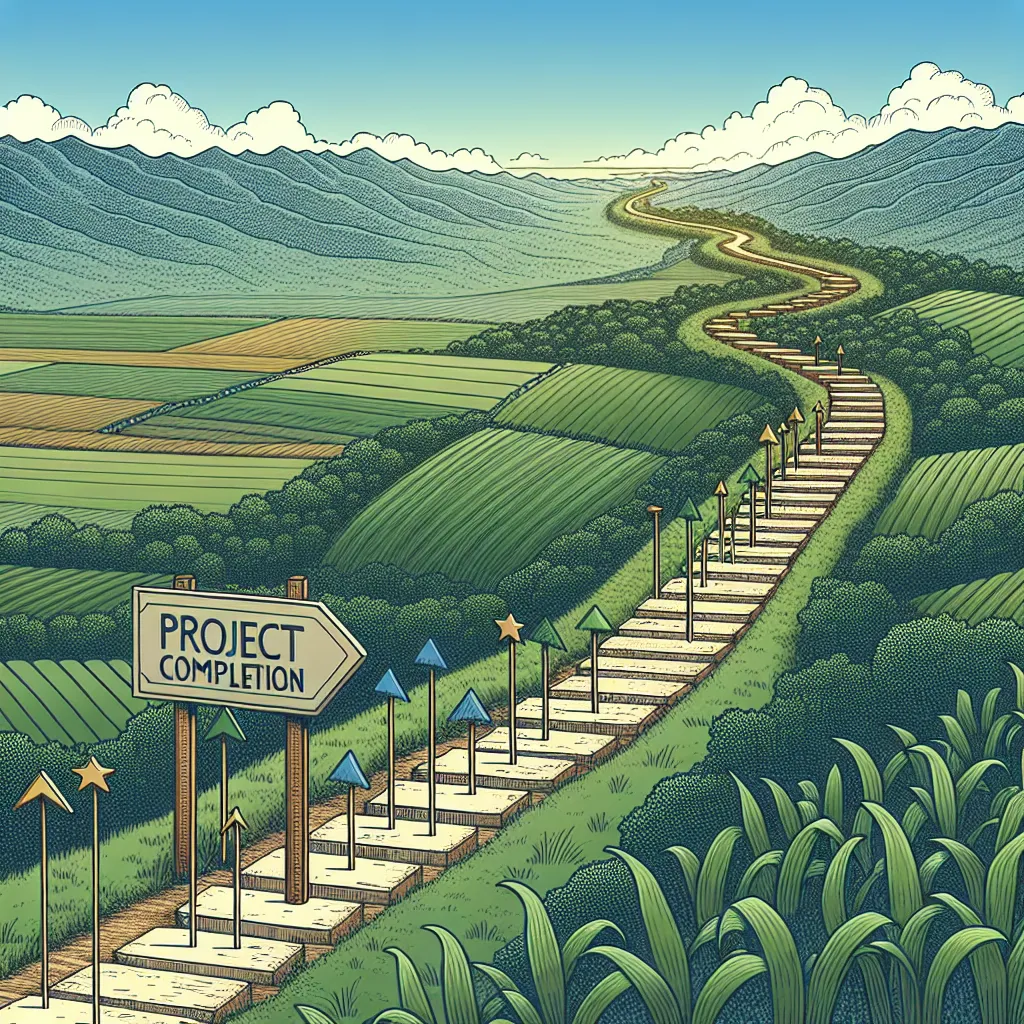 Illustration of a metaphorical pathway gradually descending over a landscape, marked with milestones and a project completion sign at the end.