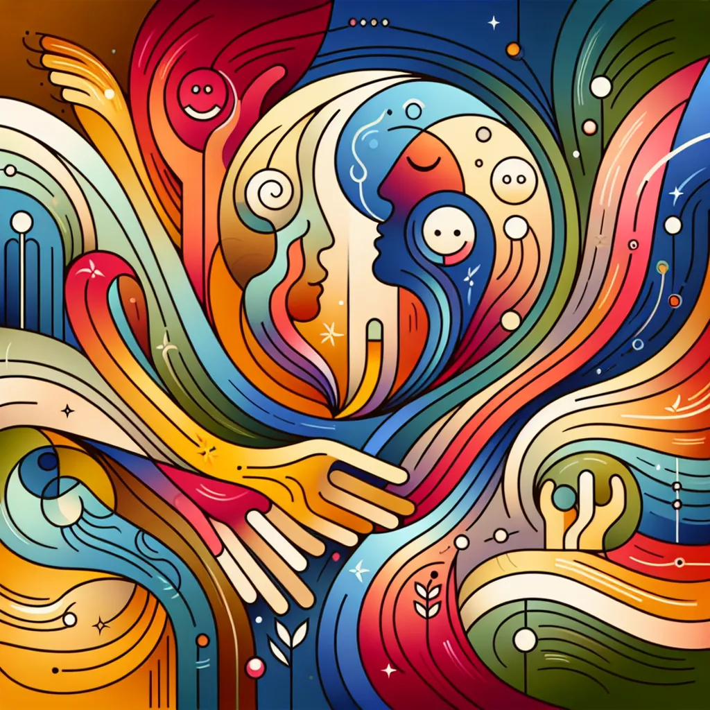 Conversation, Humor, Friend, Kindness, Connection in an abstract style