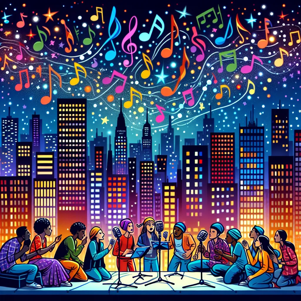 Illustration of a vibrant city skyline at night, with musical notes floating in the air and a group of diverse artists rapping together on a rooftop.