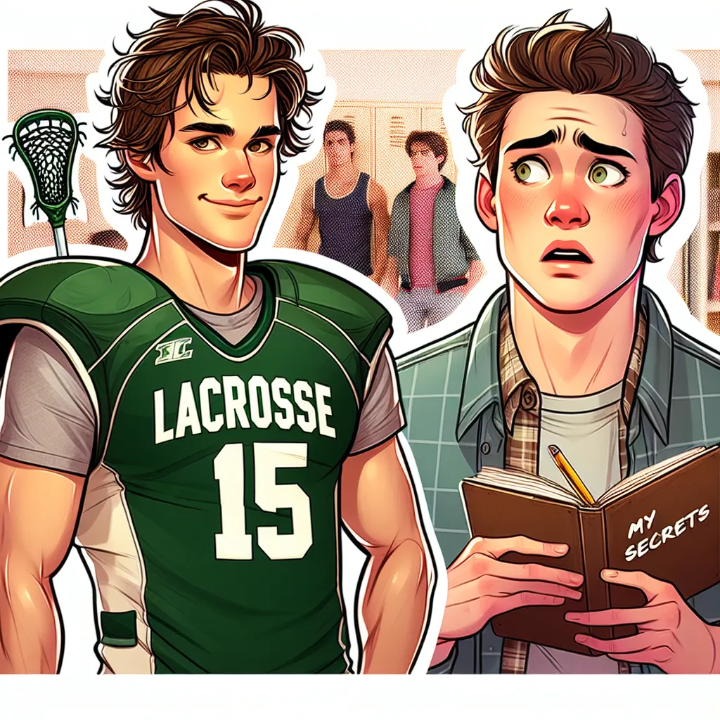 Descripción de imagen: Ilustración de dos personajes de un drama adolescente. A la izquierda, un Stiles Stilinski con cabello desordenado y una sonrisa astuta en el cuerpo atlético de Jackson Whittemore, vestido en ropa de lacrosse. A la derecha, un Jackson confundido y sorprendido, atrapado en el cuerpo de Stiles, con un cuaderno en la mano que tiene el título “Mis secretos” visible. El fondo muestra un escenario de instituto, reflejando el ambiente de la serie.