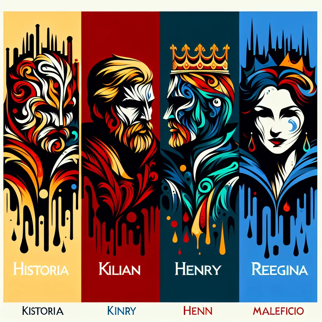 Historia, Kilian, Henry, Regina, Maleficio in an abstract style