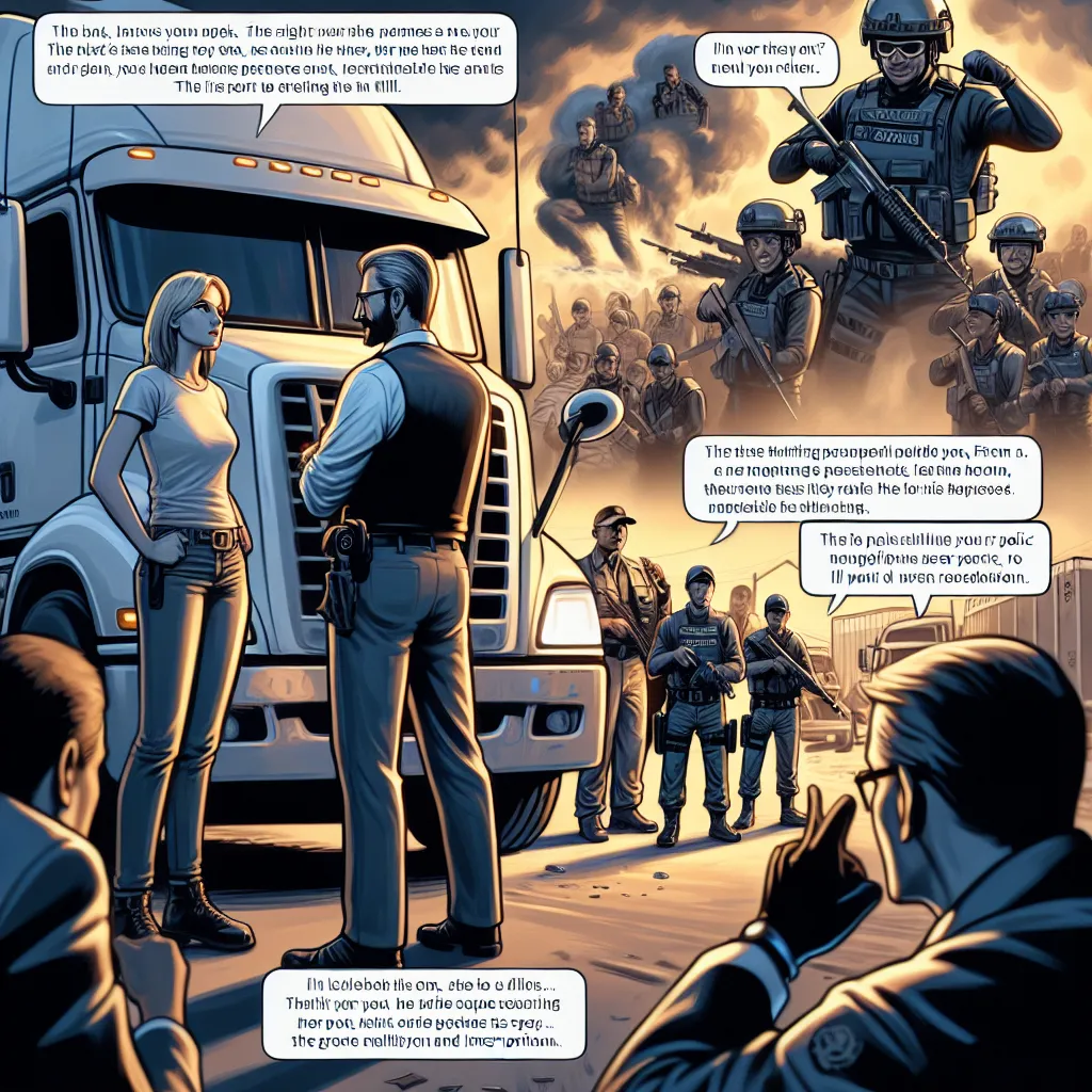 **Image Description:** A dynamic scene depicting two truckers, Ivanich and Sashok, standing beside their Kamaz truck at a carpool, looking determined. In the background, bandits approach menacingly while the police sirens are heard in the distance. The truckers are animatedly discussing their plan to save their beloved Kamaz from recycling. 

**Dialogue Excerpt:**

**Ivanich:** "Sashok, we can't let them take our Kamaz! It's been through so much with us!"

**Sashok:** "I know, Ivanich! That truc