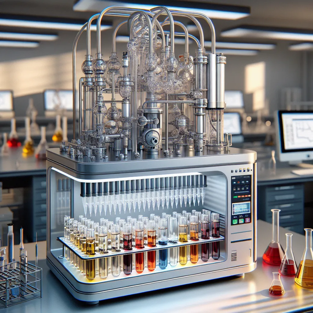 Illustration of a gas chromatography apparatus analyzing samples of various alcoholic beverages.