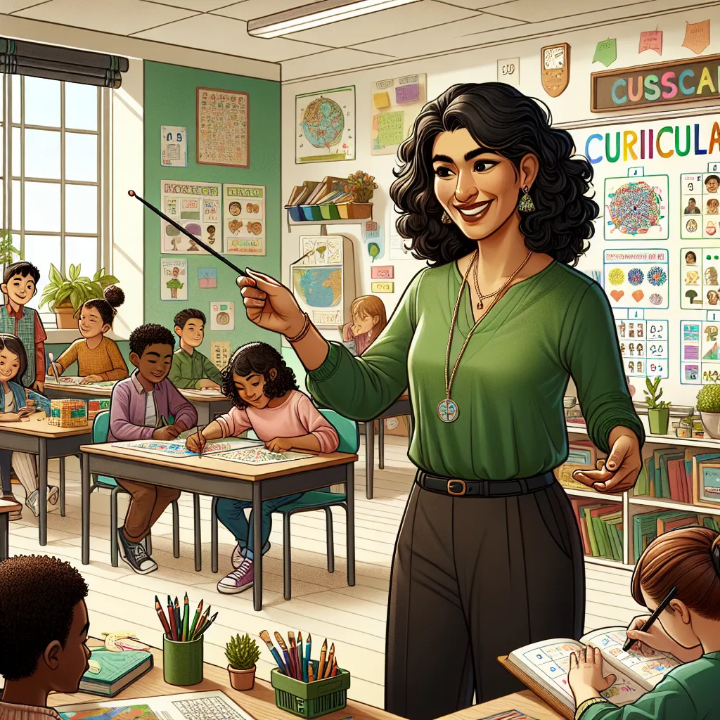 Illustration of a teacher in a classroom setting, pointing to a curriculum chart on the wall, surrounded by engaged students participating in hands-on learning activities.