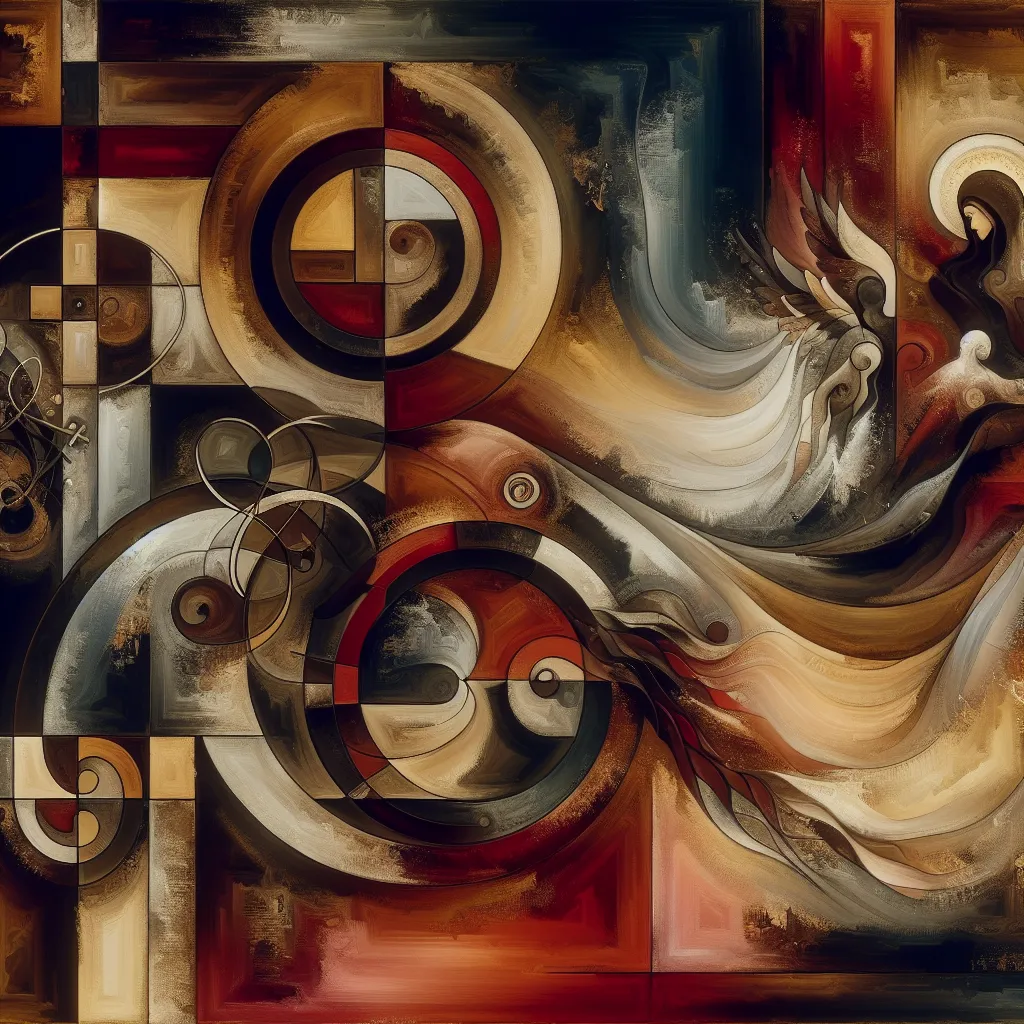 Roman, Cristian, Amor, Conflicto, Oscuro in an abstract style