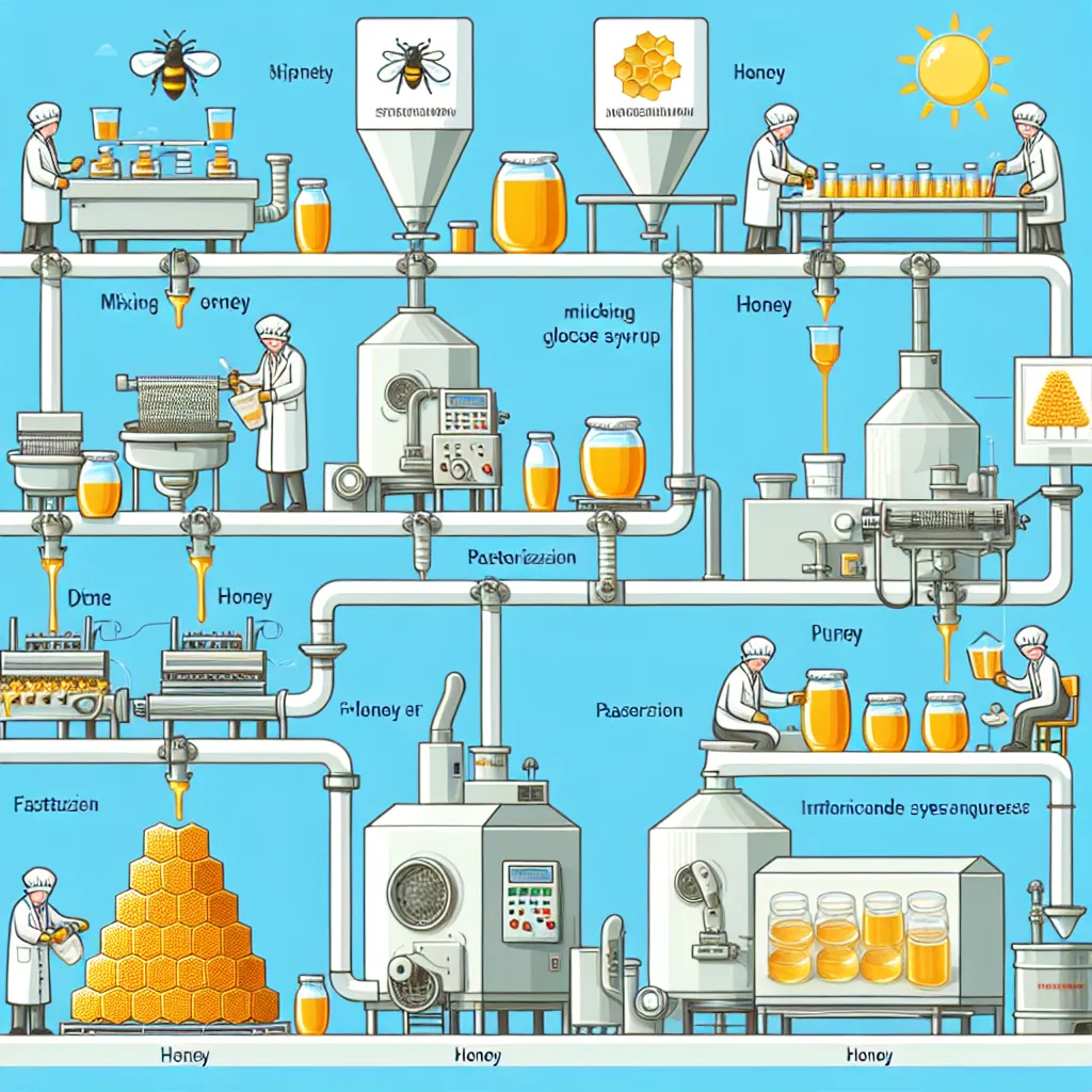 Honey undergoes several processing steps in a factory, including extraction from honeycombs, filtration to remove impurities, and pasteurization to prevent crystallization and enhance safety. After processing, it's often mixed with natural additives like glucose syrup to maintain consistency, though pure honey is typically sold without additives. The honey is then packaged in glass jars or plastic containers, sealed for freshness, and labeled for transport and sale, ensuring compliance with food