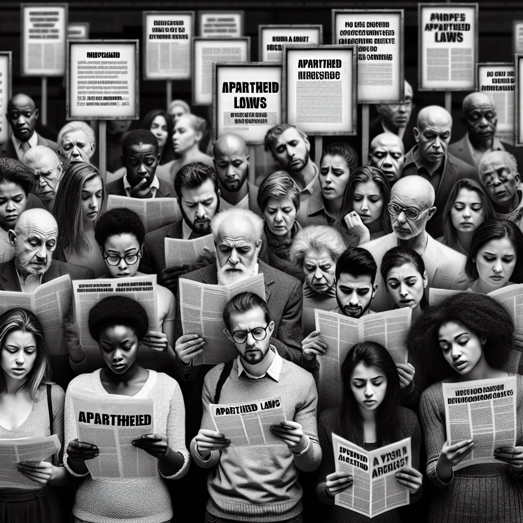 A black and white photograph depicting a diverse group of people reading about apartheid laws on public display boards, showing visible expressions of concern and curiosity.