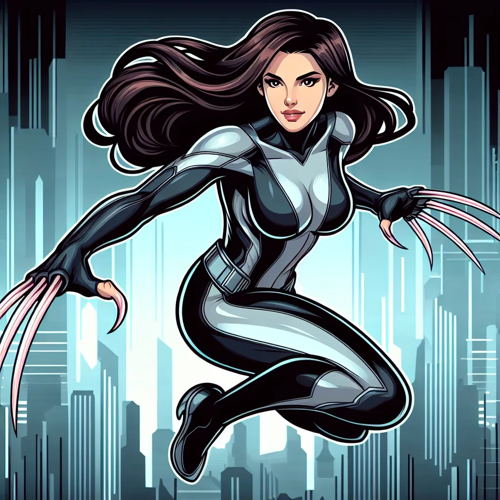 Illustration of Laura Kinney, also known as X-23, depicted as a fierce mutant with retractable claws, standing confidently in a dynamic pose. She is wearing a sleek, modern superhero costume that showcases her agility and strength, set against a backdrop of a futuristic cityscape. Her hair is flowing in the wind, and her expression is determined, embodying her unique blend of ferocity and compassion as a skilled fighter and protector.