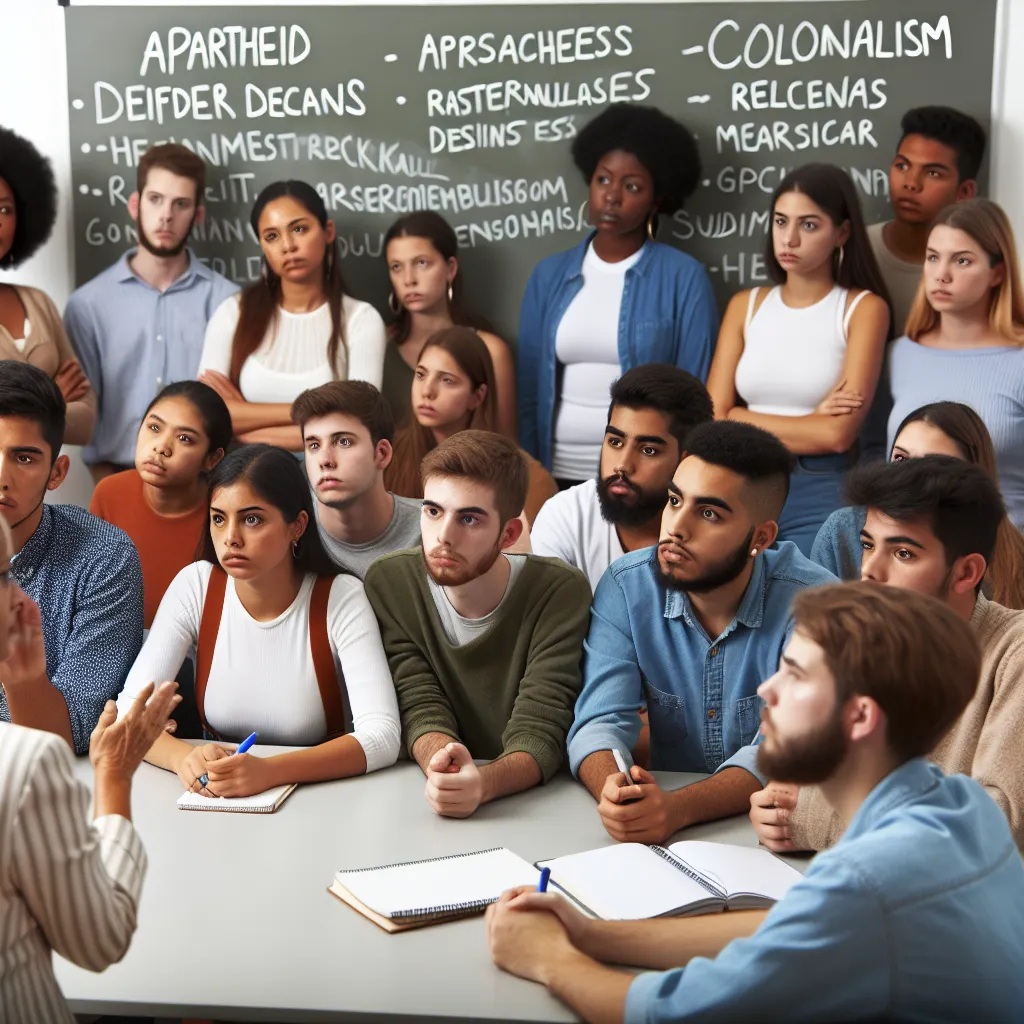 Image of a classroom setting with a teacher engaging students in a discussion about controversial historical topics, such as apartheid and colonialism, displayed on a whiteboard.