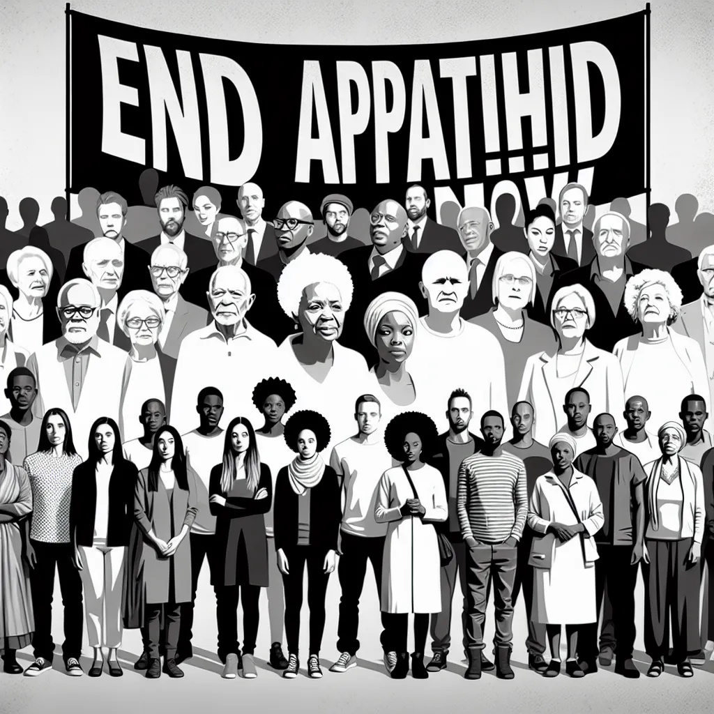 Image description: A black and white photograph depicts a group of people, diverse in age and gender, standing in front of a large banner that reads "End Apartheid Now!" The group appears engaged and determined, symbolizing their resistance and response to the apartheid laws in South Africa.