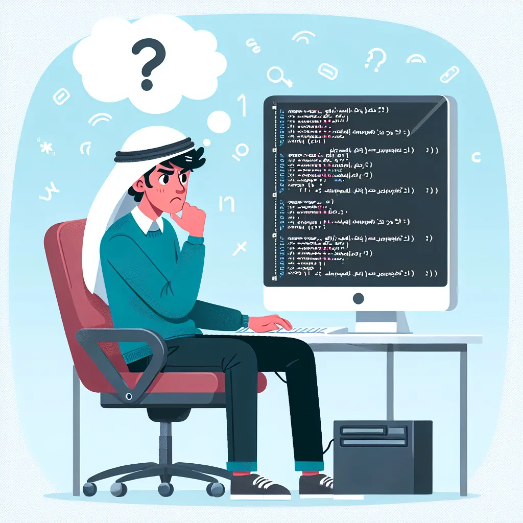 Illustration of a programmer at a computer, looking thoughtfully at code on the screen, with a thought bubble showing a question mark, symbolizing the process of identifying a problem in debugging.