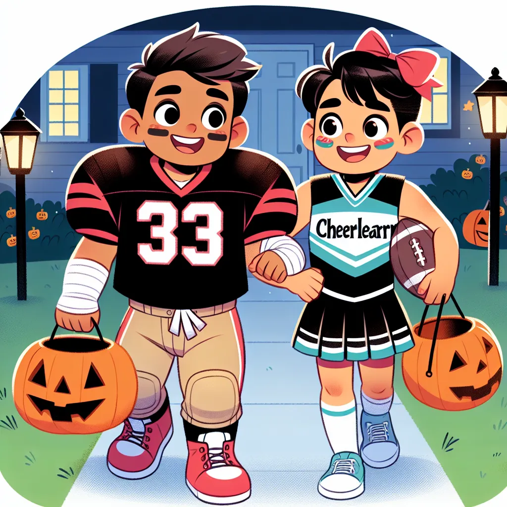 Illustration of two brothers in costume for trick or treating: a young boy wearing oversized football gear and his older brother dressed in a cheerleading uniform, both smiling widely as they walk down a neighborhood street with Halloween decorations visible in the background.