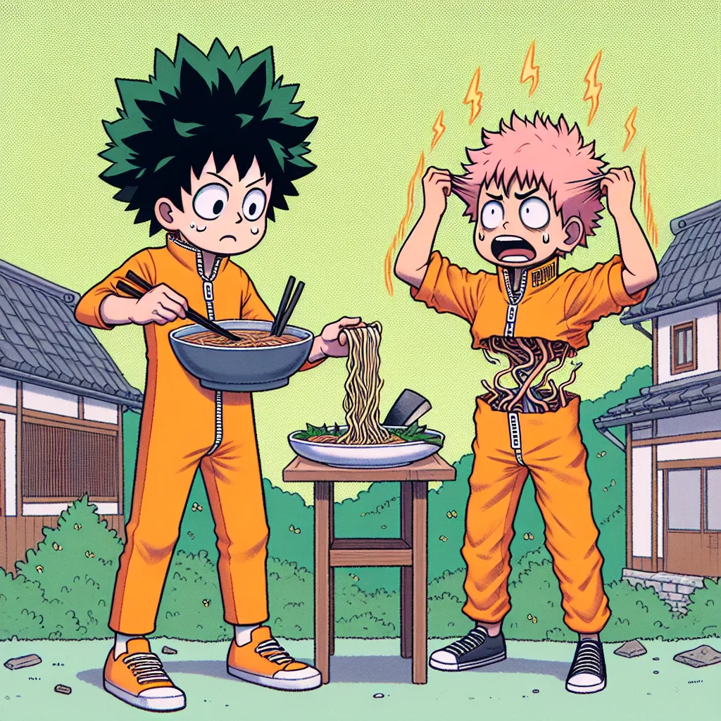 Ilustrasi komik yang menampilkan Naruto dan Sakura yang bertukar tubuh, saling bingung dengan peran baru mereka: Naruto berusaha memasak ramen dengan kekacauan, sementara Sakura mencoba mengendalikan chakra dalam tubuh Naruto dan tampak kesulitan. Latar belakang menunjukkan Konoha dengan elemen humor.