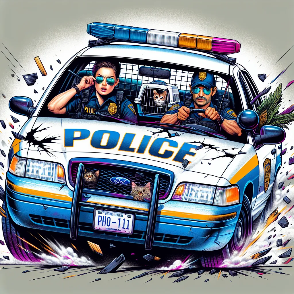 Image description: An intense illustration of a young police officer and his partner speeding away in a slightly damaged Ford Crown Victoria police interceptor, with broken glass and a busted headlight evident. In the back seat, two cats peer curiously from their carrier. The officer, wearing sunglasses, and his partner appear tense yet determined as they escape the chaotic city scene behind them.