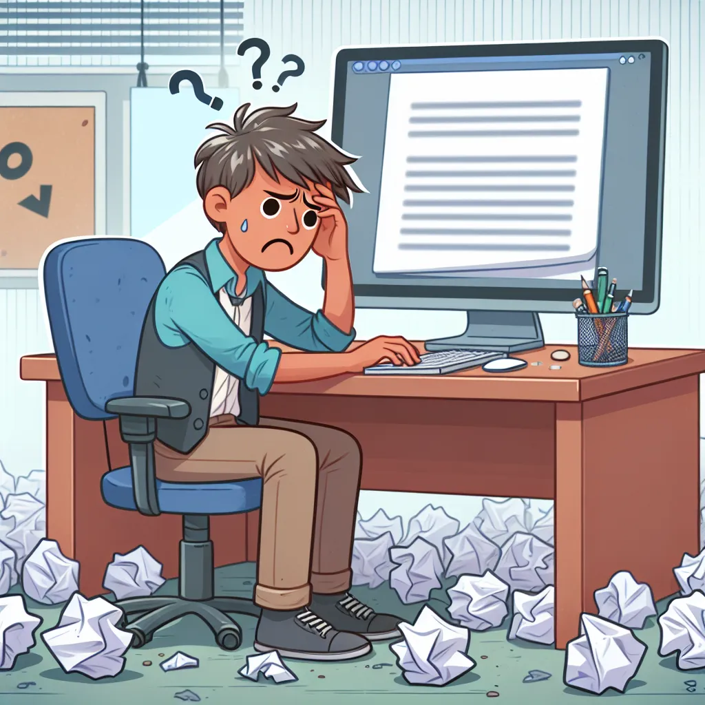 Illustration of a frustrated writer sitting at a desk, looking at a computer screen displaying an unfinished story, surrounded by crumpled papers.