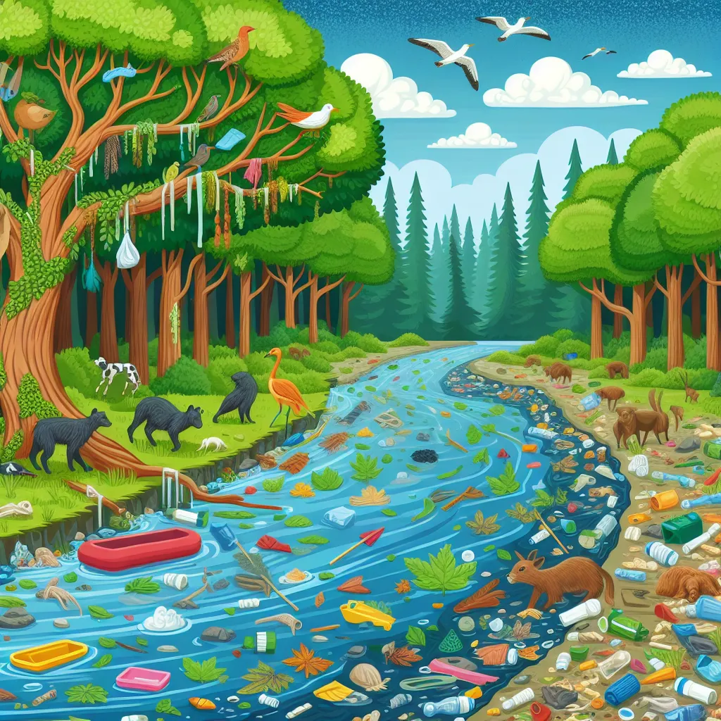 Illustration of a polluted river with visible trash and debris, surrounded by trees and wildlife, highlighting environmental impact.