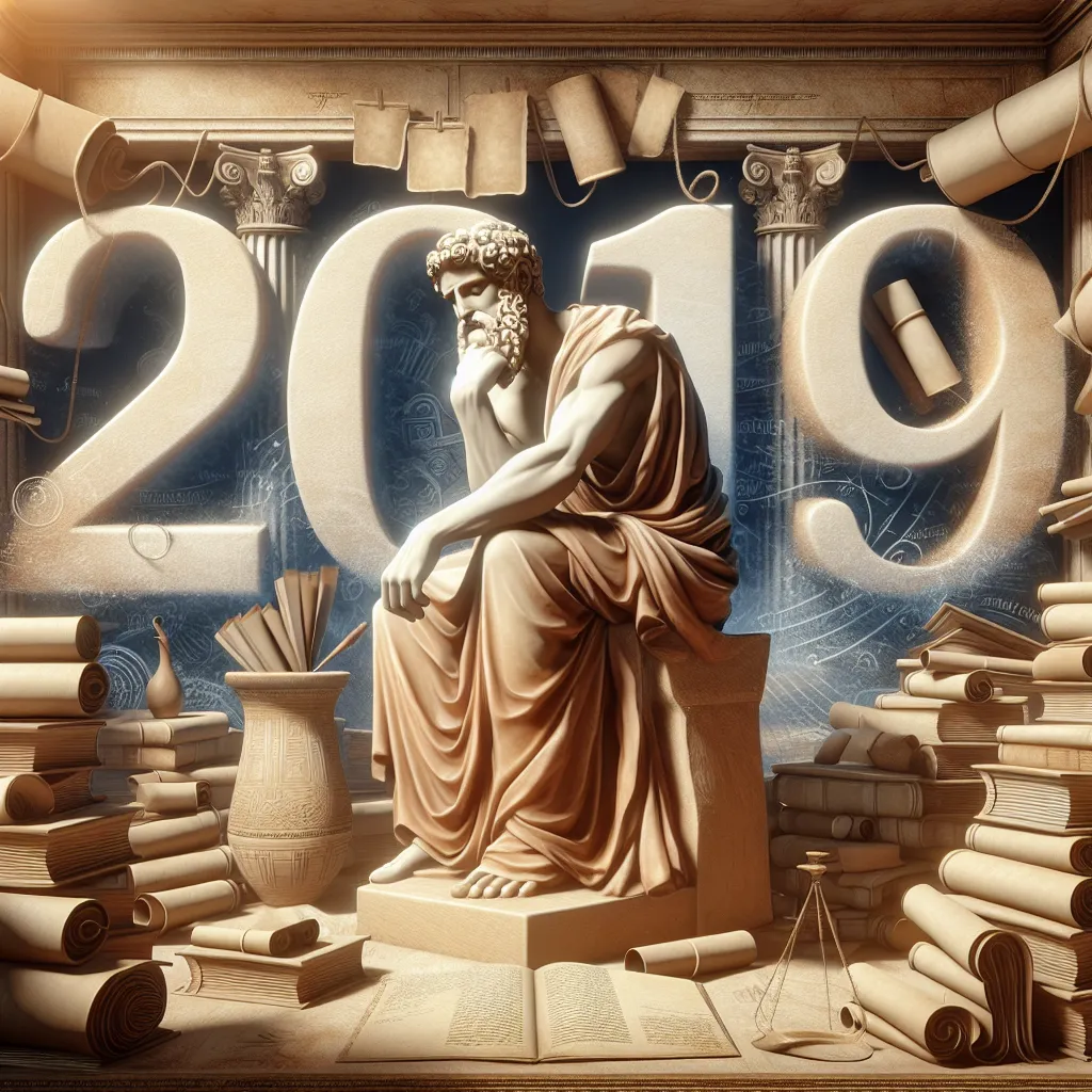Illustration of a contemplative ancient philosopher in a classical setting, surrounded by scrolls and books, symbolizing education and wisdom, with the year "2019" subtly integrated into the background.
