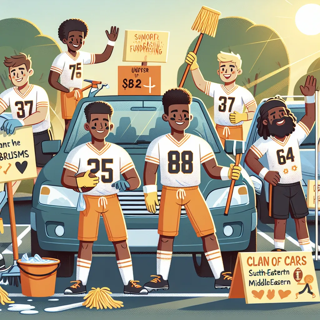 Illustration of a high school football team cheerfully washing cars in a sunny parking lot, with signs promoting their fundraising event.