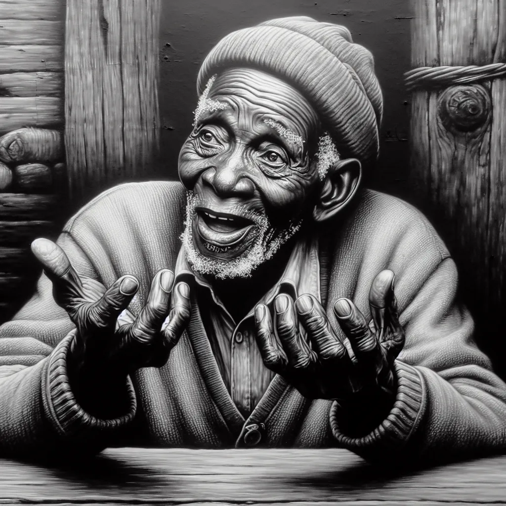 Black and white photo of an elderly man sitting at a table sharing his personal stories from the apartheid era.