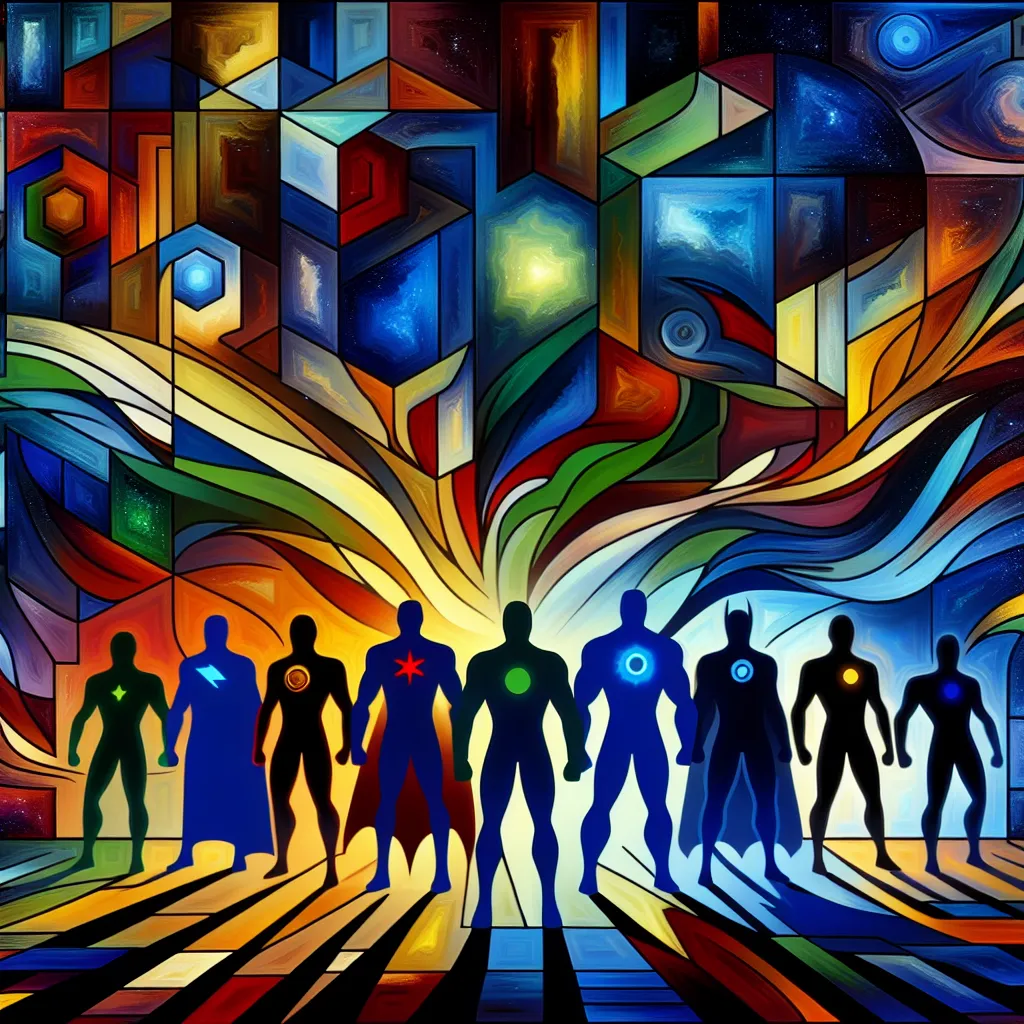 Story, Avengers, Team, Heroes, Multiverse in an abstract style