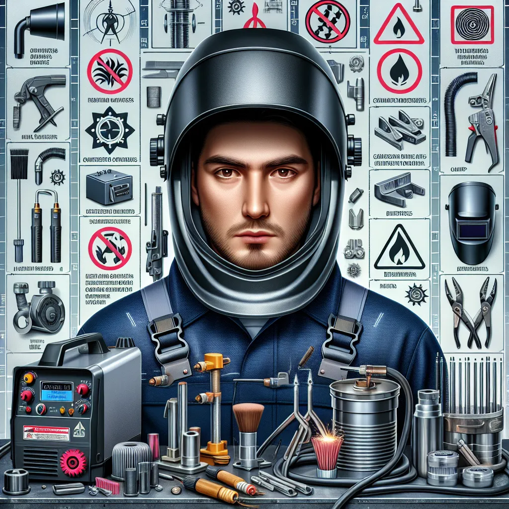 Illustration of a welder wearing protective gear, surrounded by various welding equipment, with a visible safety warning sign about gas hazards in the background.