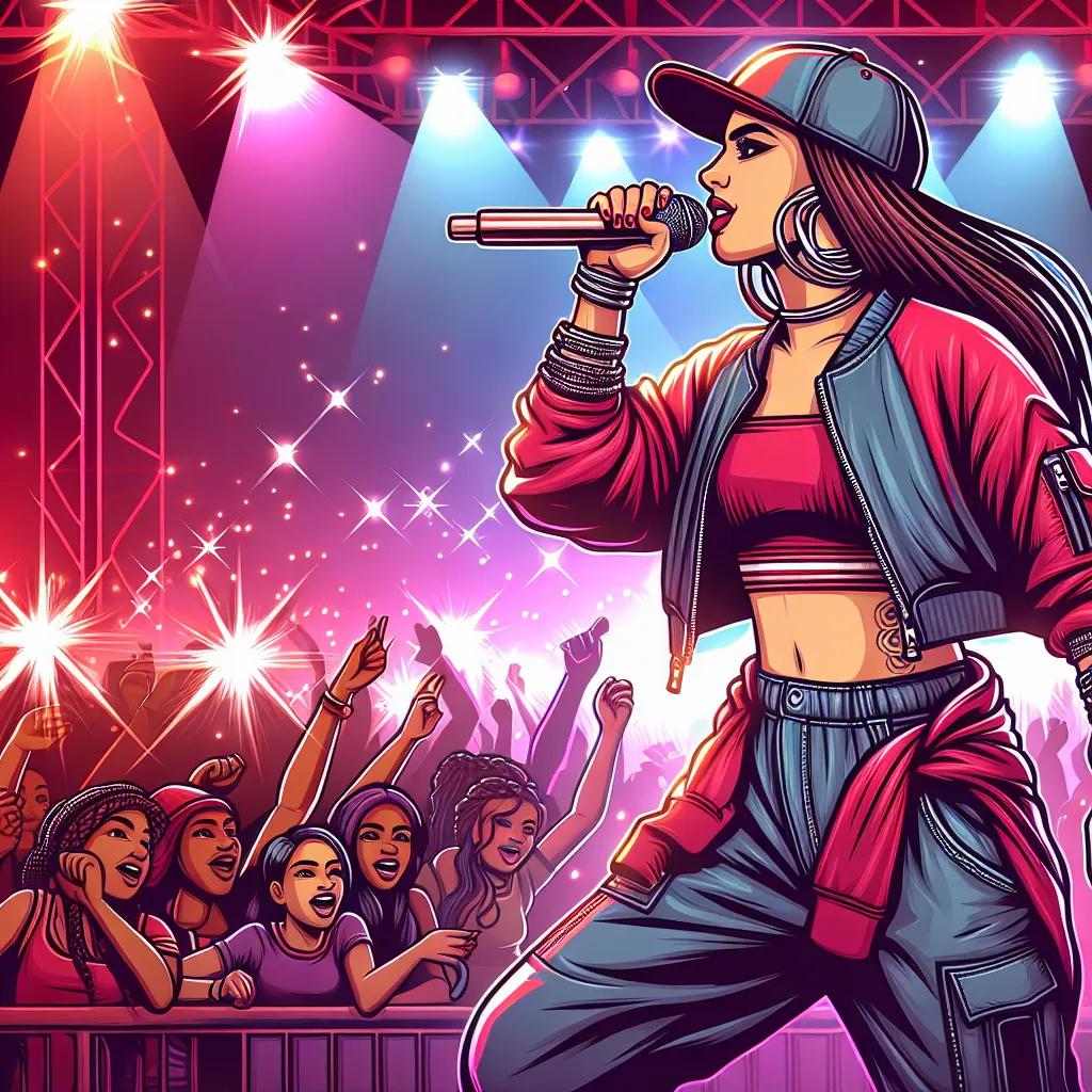 Illustration of a dynamic rapper in stylish streetwear, mic in hand, performing on stage with vibrant lights and an enthusiastic crowd.