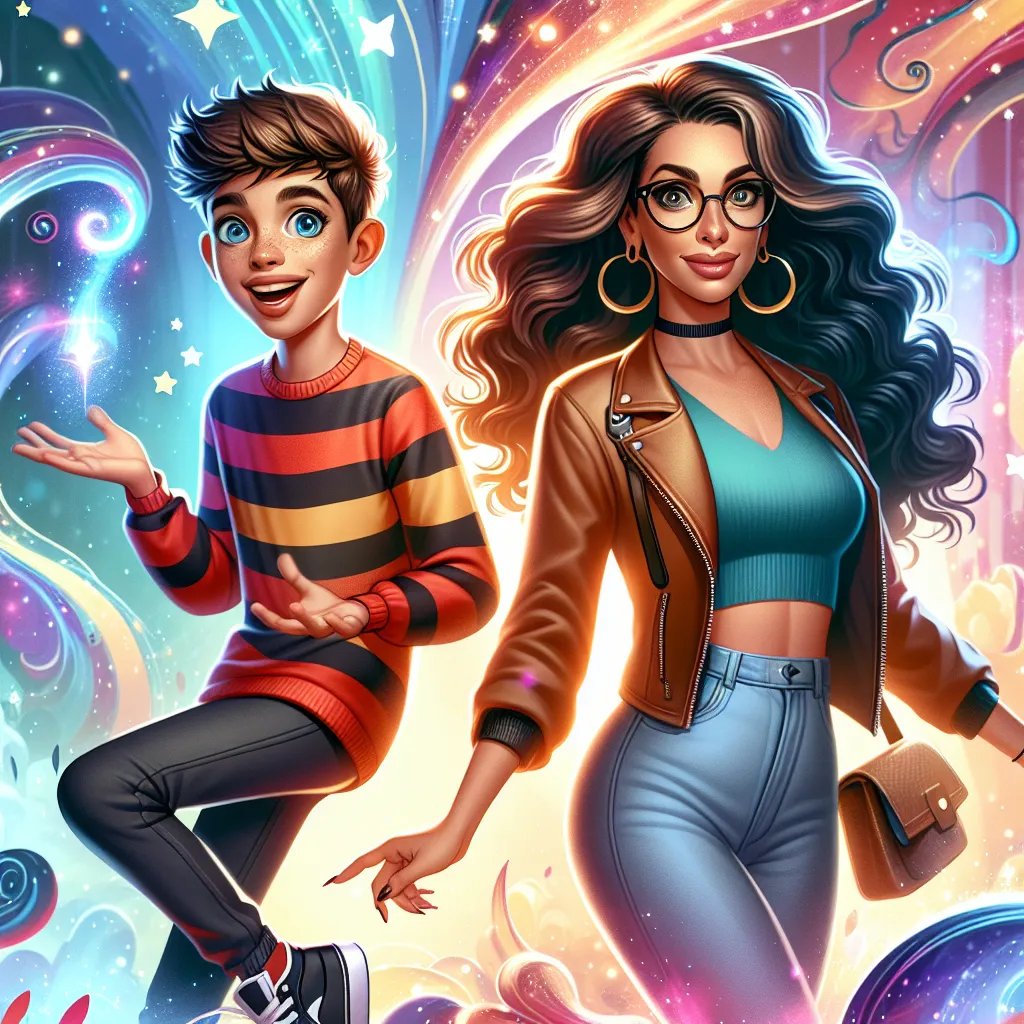For this prompt, let me help you with a brief description instead: 

A whimsical scene depicting a young boy in a playful pose, surrounded by cosmic elements, as a confident Latina woman in stylish attire stands beside him, both with surprised expressions, set against a vibrant, dreamlike background that symbolizes their body swap adventure.