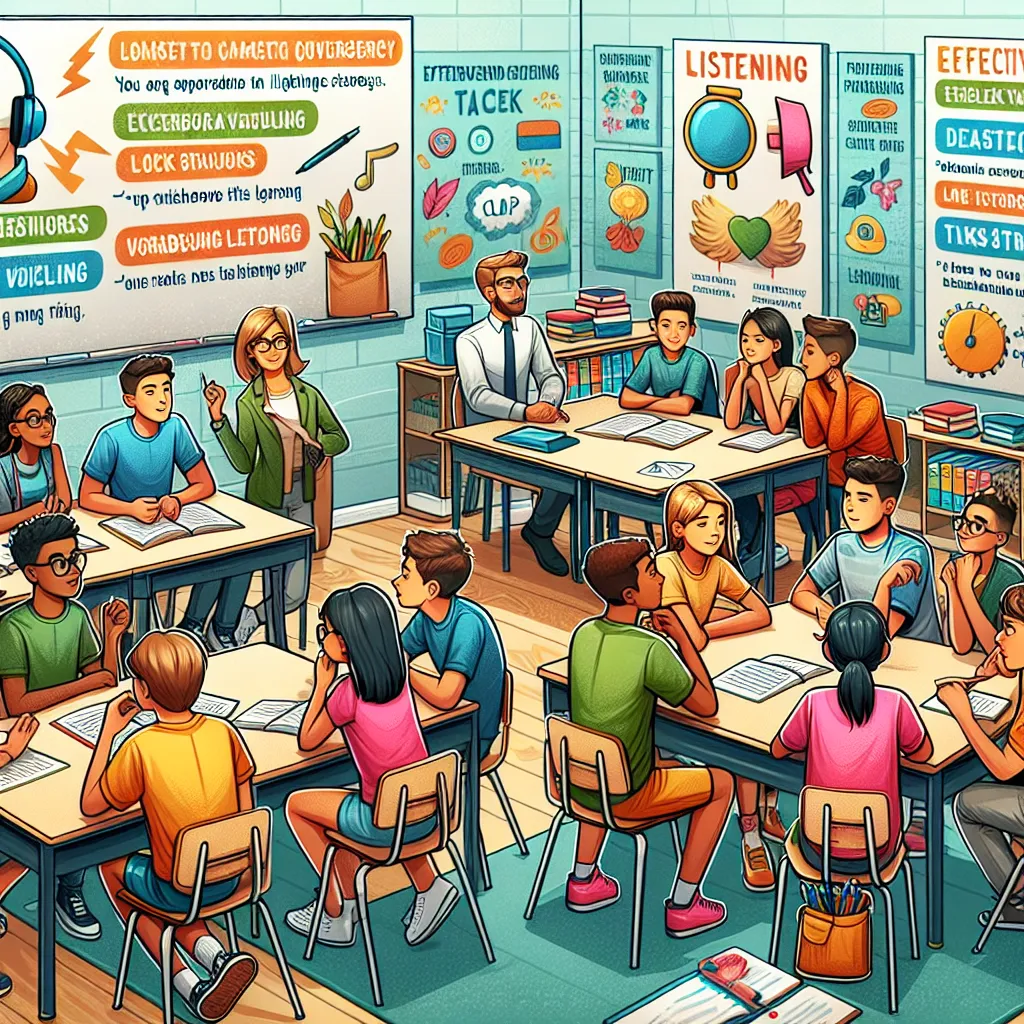 **Image description:** A vibrant classroom scene where a teacher engages seventh-grade students in a pre-listening activity. The students are sitting in groups, discussing vocabulary related to a listening task, with a whiteboard displaying keywords and questions to activate prior knowledge. A colorful poster about effective listening strategies is visible in the background.