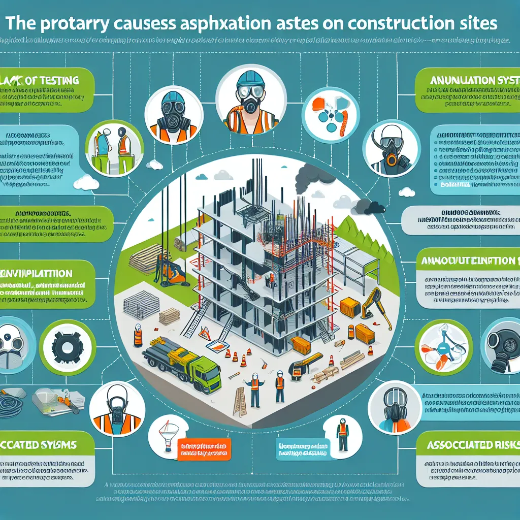 Infographic illustrating key causes of asphyxiation on job sites, highlighting a lack of testing, inadequate ventilation, improper safety equipment, and the risks associated with respiration devices.