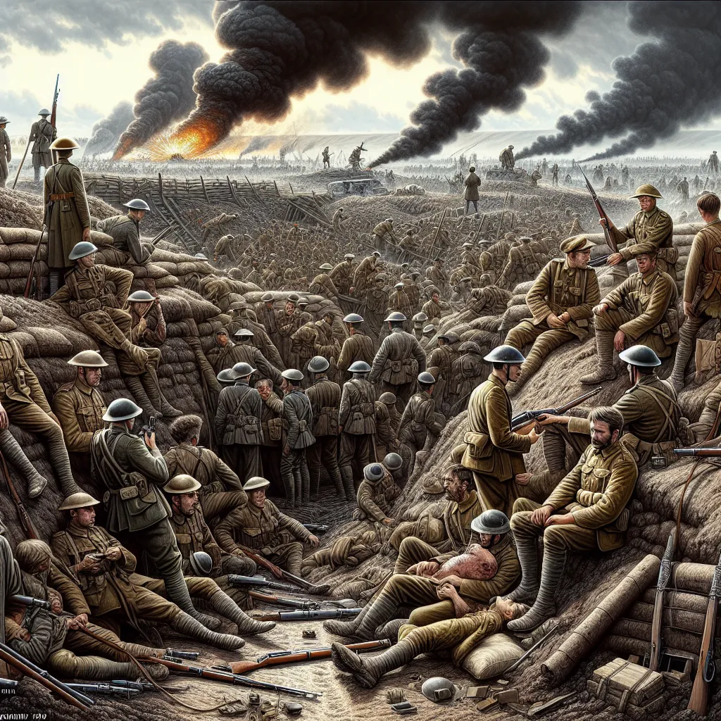 Illustration depicting a chaotic World War I battlefield with soldiers in trenches, explosions, and a somber atmosphere, capturing the cyclical nature of conflict and the impact on soldiers.
