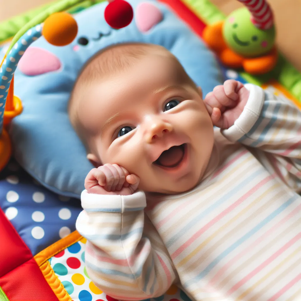 An illustration of an infant lying on a play mat, propping up their head with a joyful expression.