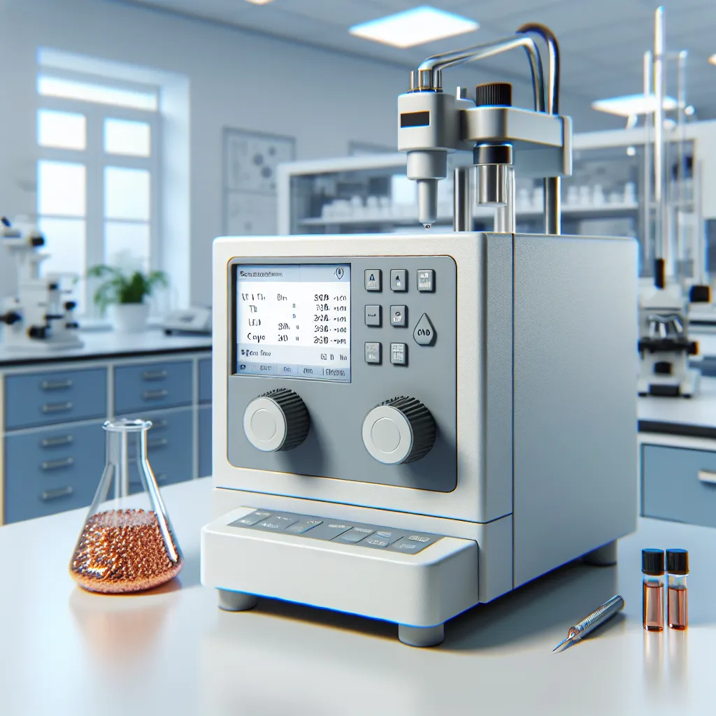 Image of a UV/vis spectrophotometer on a laboratory bench with a display showing the copper ion concentration in a sample.