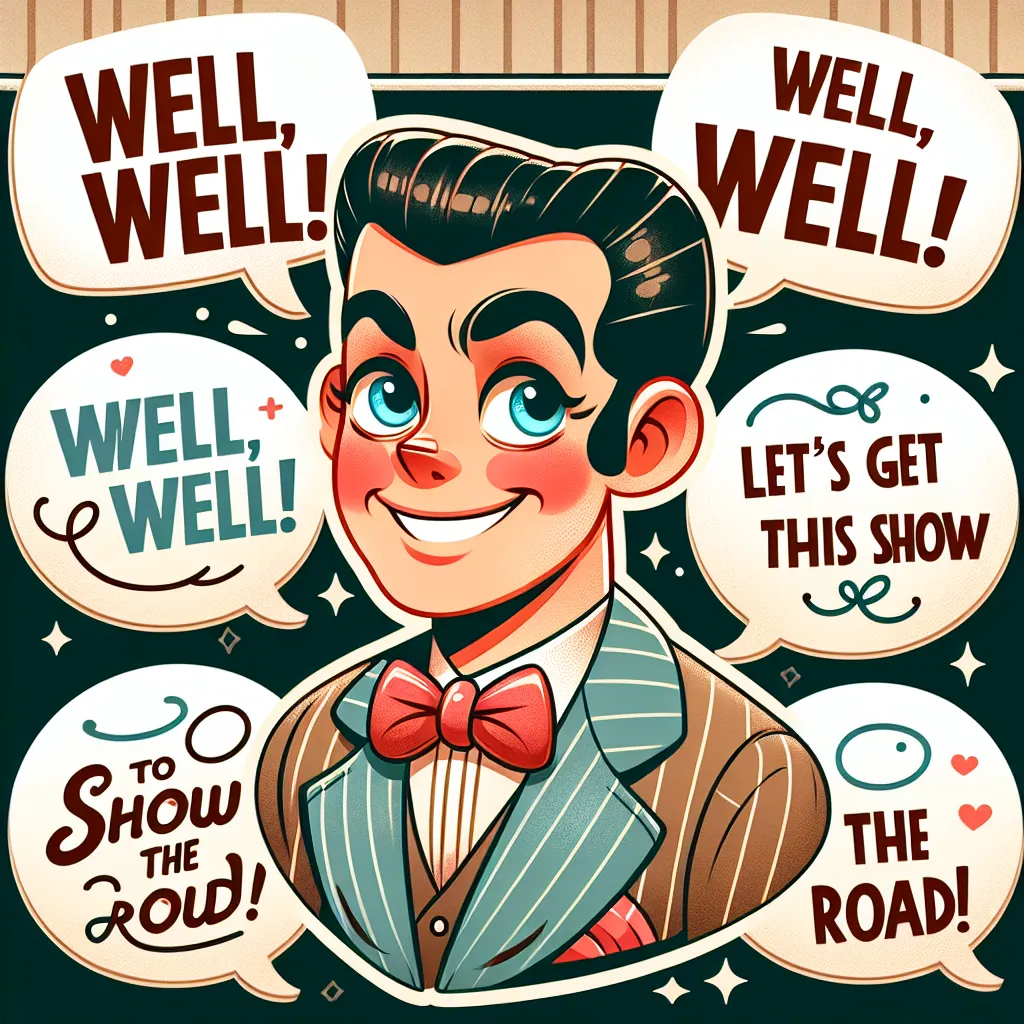 Illustration of a charming cartoon character resembling a vintage radio host, with a mischievous smile and slicked-back hair, surrounded by whimsical speech bubbles containing catchy phrases like "Well, well, well!" and "Let's get this show on the road!"