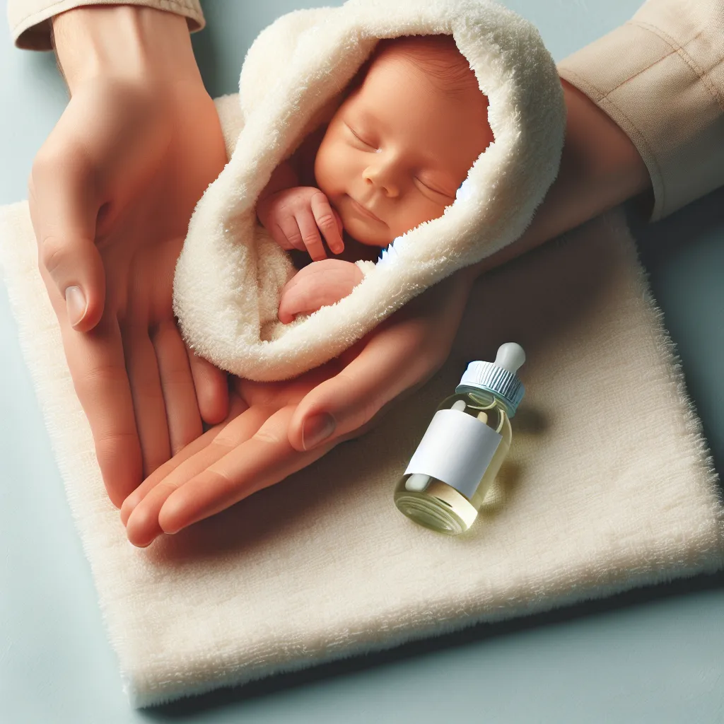 An image depicting a gentle hand applying baby oil to a baby’s soft skin, with a bottle of baby oil and a towel nearby.