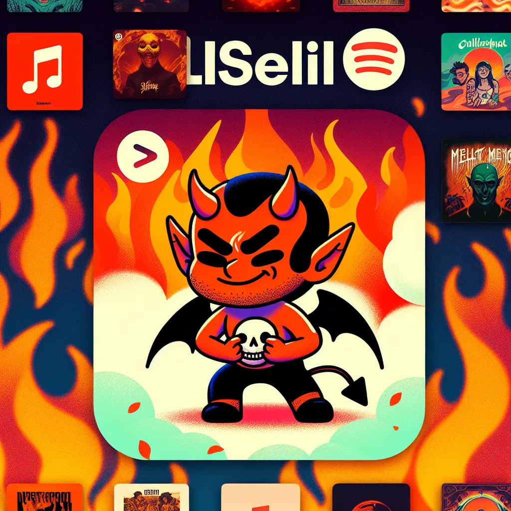 A playlist cover featuring a fiery-themed background with illustrations of a cartoon character resembling a devilish figure, surrounded by music notes and iconic album covers.