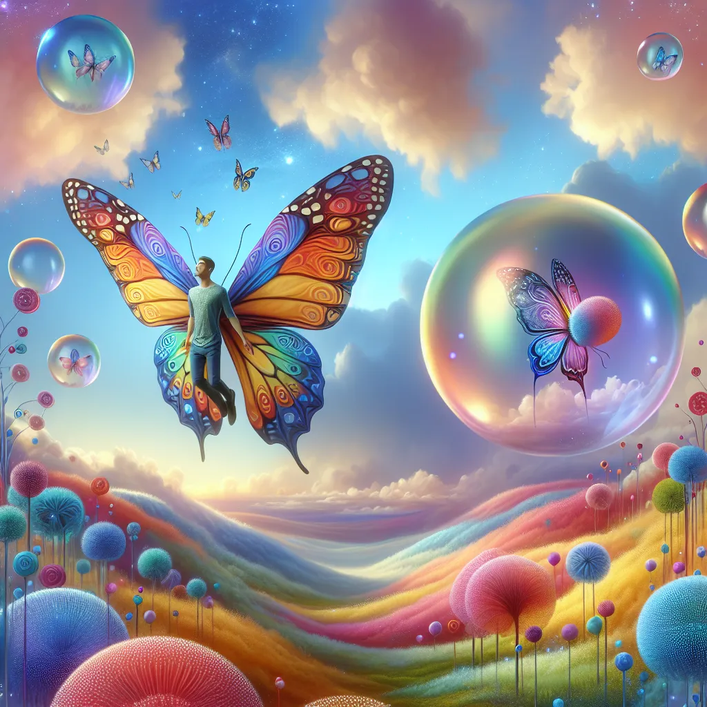 Surreal illustration of a man with colorful butterfly wings emerging from a bubble, surrounded by floating orbs in a whimsical landscape.