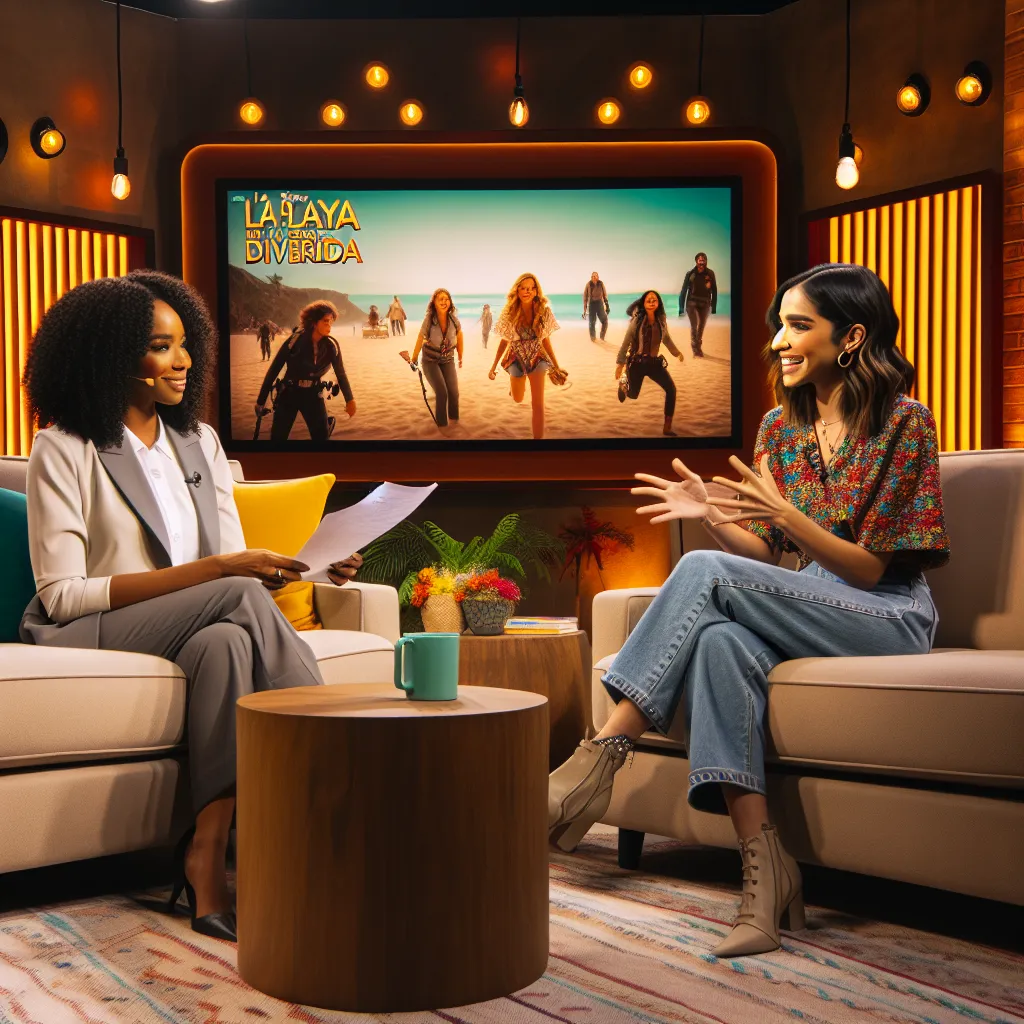 Image of two women sitting on a cozy television studio set, with JUANITA interviewing BELINDA, who is animatedly discussing her favorite movie characters. In the background, a colorful display featuring the movie title "La Playa es Muy Divertida" is visible.