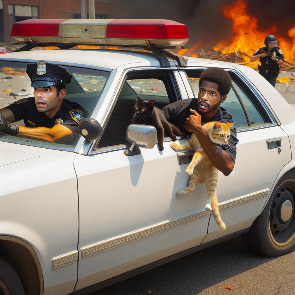 Image of a young Atlanta police officer and his partner taking a decisive moment of escape, with their cats in the backseat of an old Ford Crown Victoria police interceptor amidst the chaos of city riots.