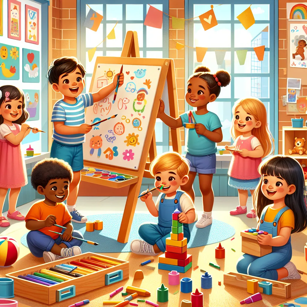 An illustration of children engaging in various activities, such as painting, playing ball, and constructing with blocks, showcasing their developing motor skills.