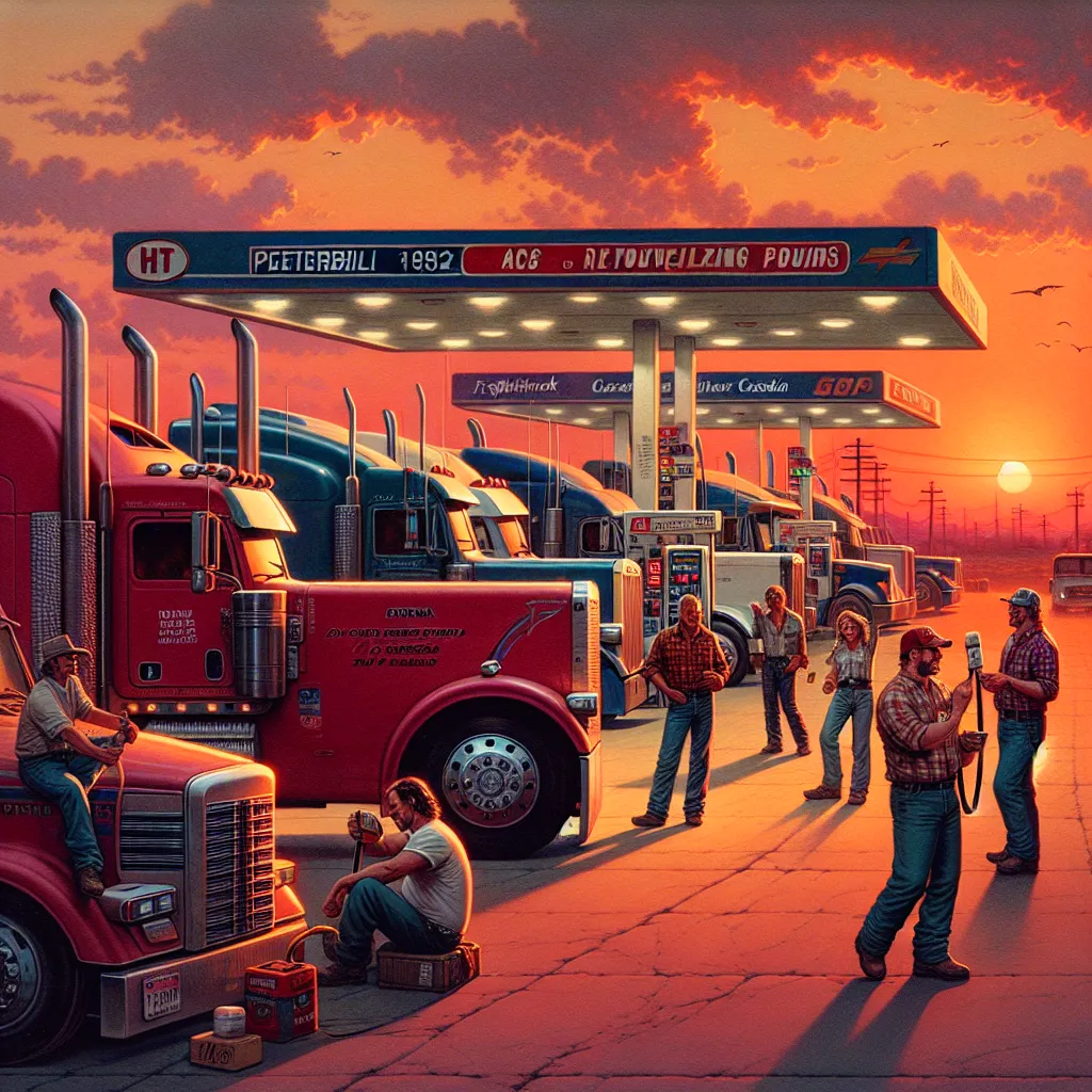 **Title: "Rest Stop Stories"**

The sun dipped below the horizon, casting an orange glow over a bustling truck refueling station in Arizona. The scene shifted to a wide view of the lot, filled with a variety of trucks: a sleek Kenworth W900 shone under the fading light, a rugged Freightliner Cascadia rested nearby, and a blue Mack Anthem stood proudly, its chrome accents glinting. 

Our main character, Jake, the proud owner of a Peterbilt 362 Prime Mover, maneuvered his rig into an available spo