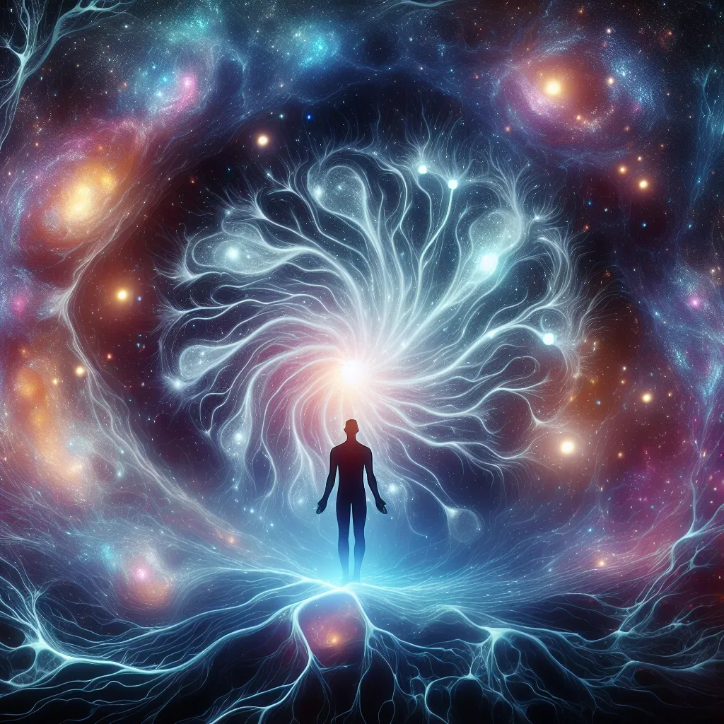 Abstract illustration depicting a cosmic scene with a human silhouette surrounded by swirling galaxies and neurons, symbolizing the mystery of consciousness.