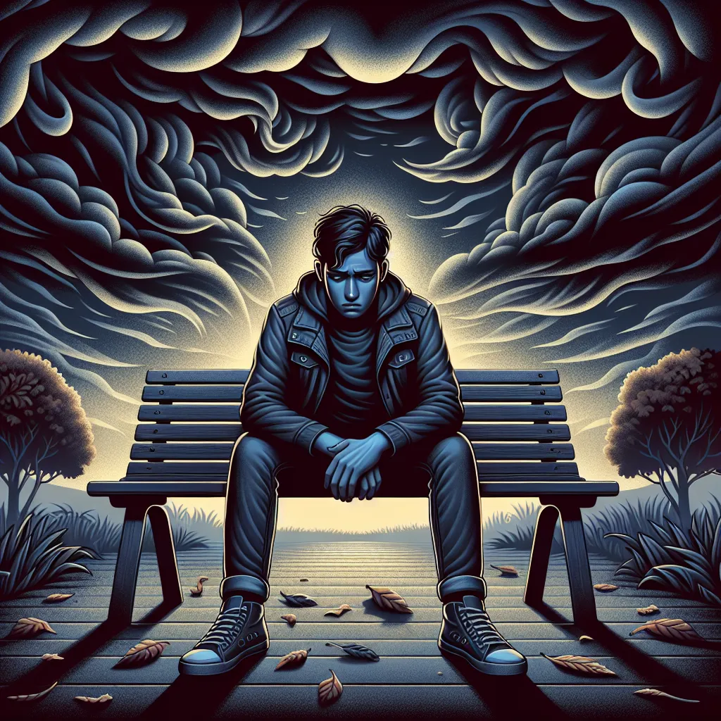 Illustration of a person sitting alone with a pained expression, surrounded by dark clouds representing emotional turmoil and struggle.