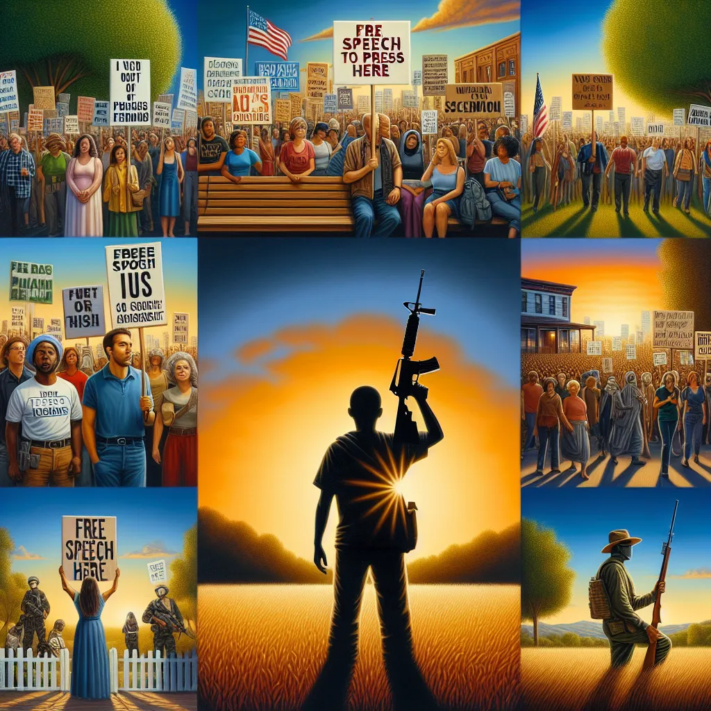 1. **First Amendment**  
   Image: A diverse group of people peacefully protesting with signs.  
   Description: The First Amendment guarantees the freedoms of speech, religion, press, assembly, and petition. It empowers citizens to express their thoughts and beliefs openly. This right is fundamental to democracy, allowing for a vibrant exchange of ideas.

2. **Second Amendment**  
   Image: A silhouette of a person holding a rifle against a sunset.  
   Description: The Second Amendment protect