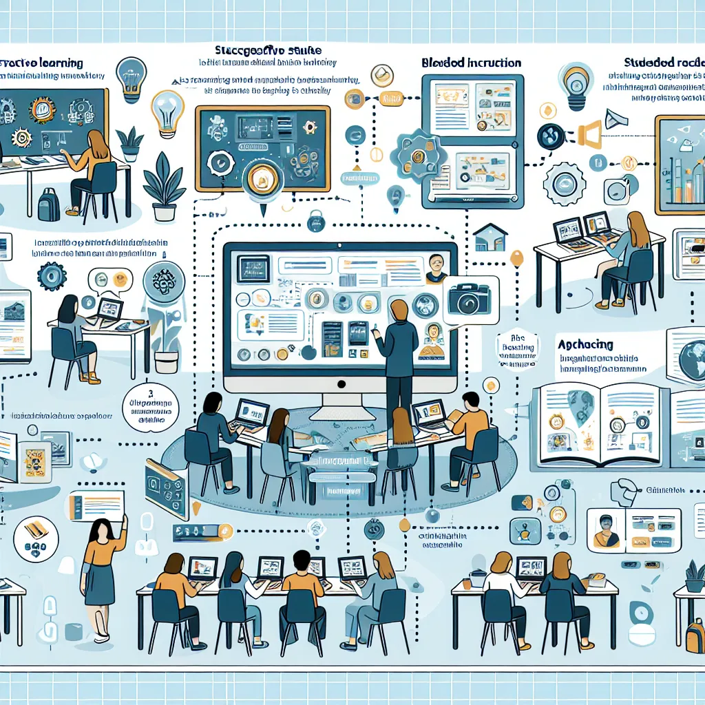 Infographic showcasing a classroom case study on successful digital technology integration, highlighting key strategies like interactive learning, blended instruction, and student collaboration, with tips on applying these strategies in future teaching.